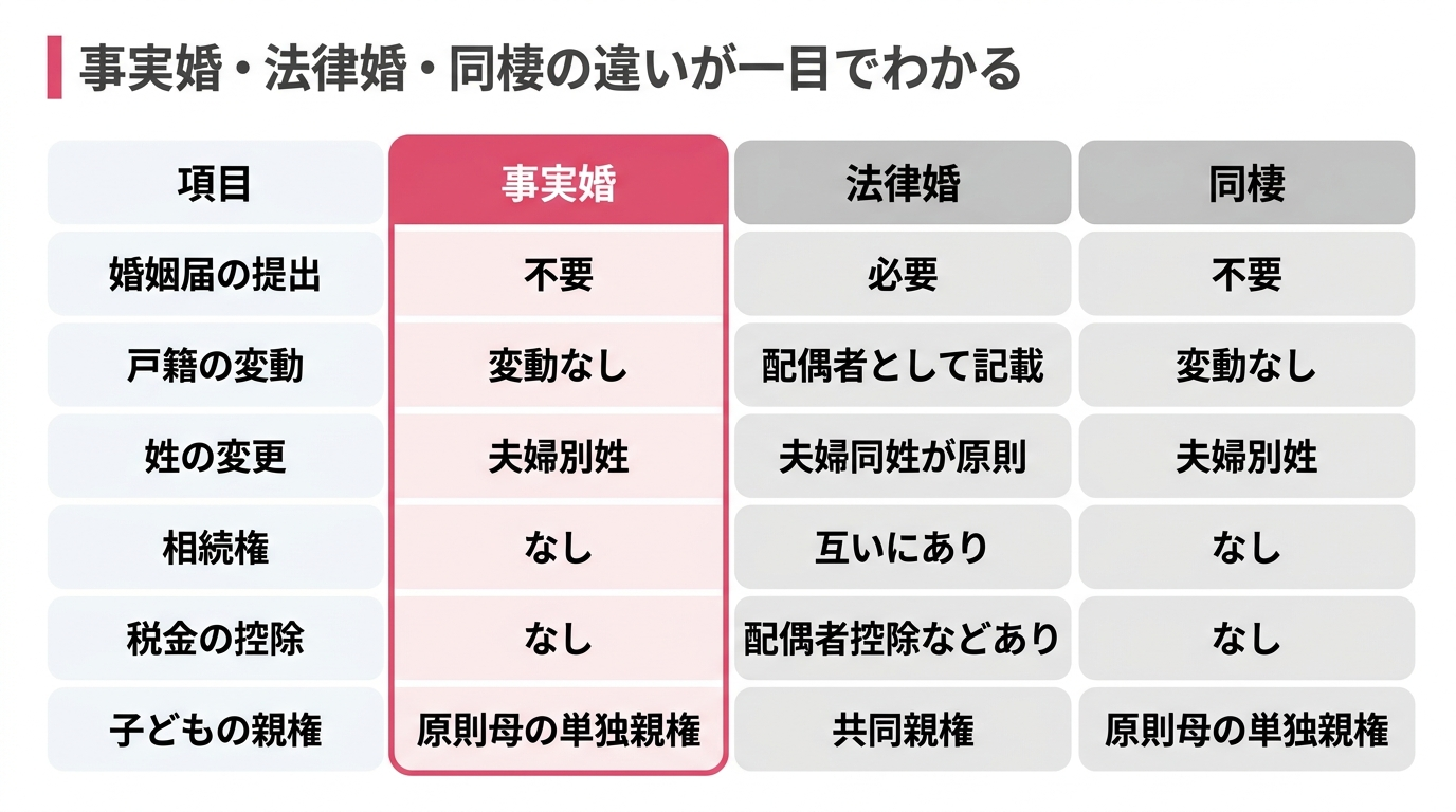 【比較表】事実婚（内縁関係）・法律婚・同棲の違いが一目でわかる_表