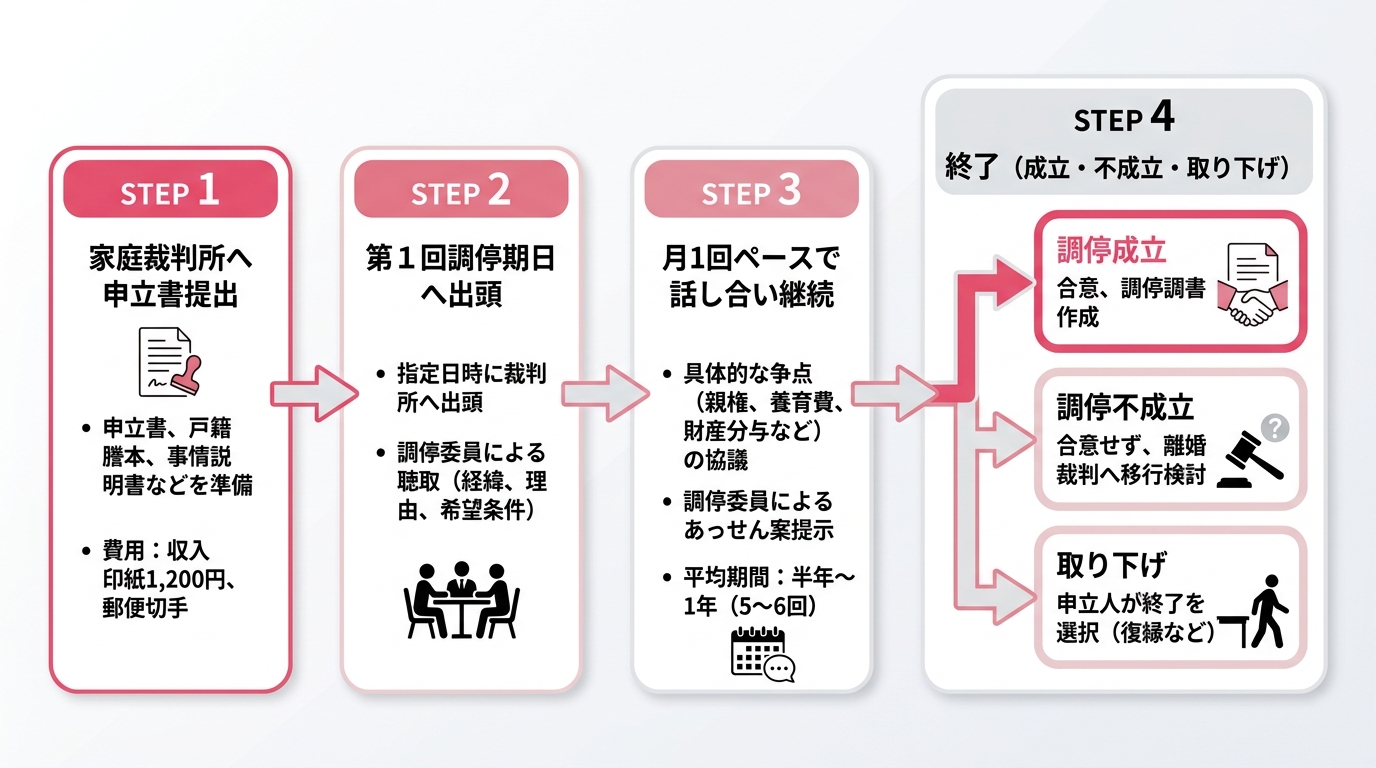離婚調停_【図解】離婚調停の申し立てから成立までの具体的な流れを4ステップで解説_グラフ